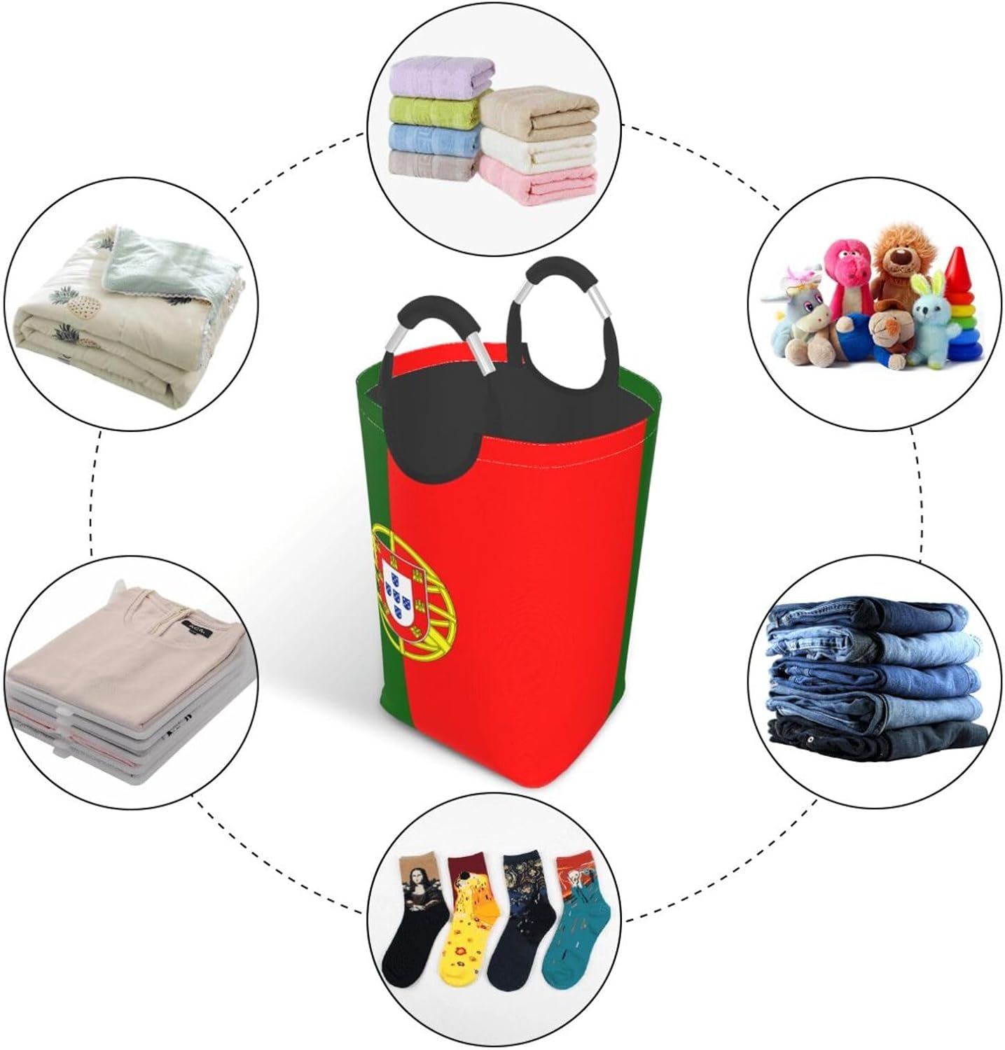 Portuguese flag Foldable storage bag, 50L capacity, suitable for laundry room, dormitory bedroom, dirty clothes storage basket.