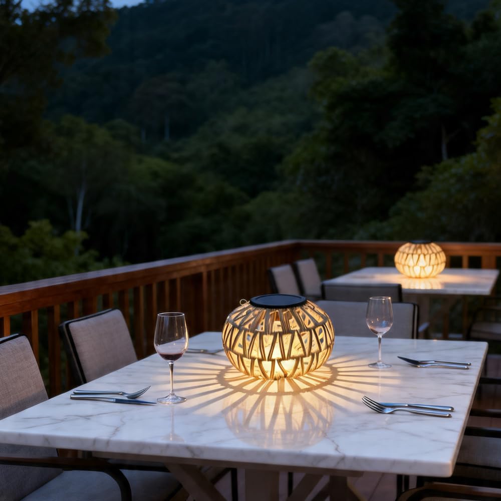 2 lampade solari in rattan, rattan, in rattan, per esterni, da appendere, a energia solare, per esterni, boho, a maglia solare, con IP65, resistente alle intemperie, per giardino, terrazza