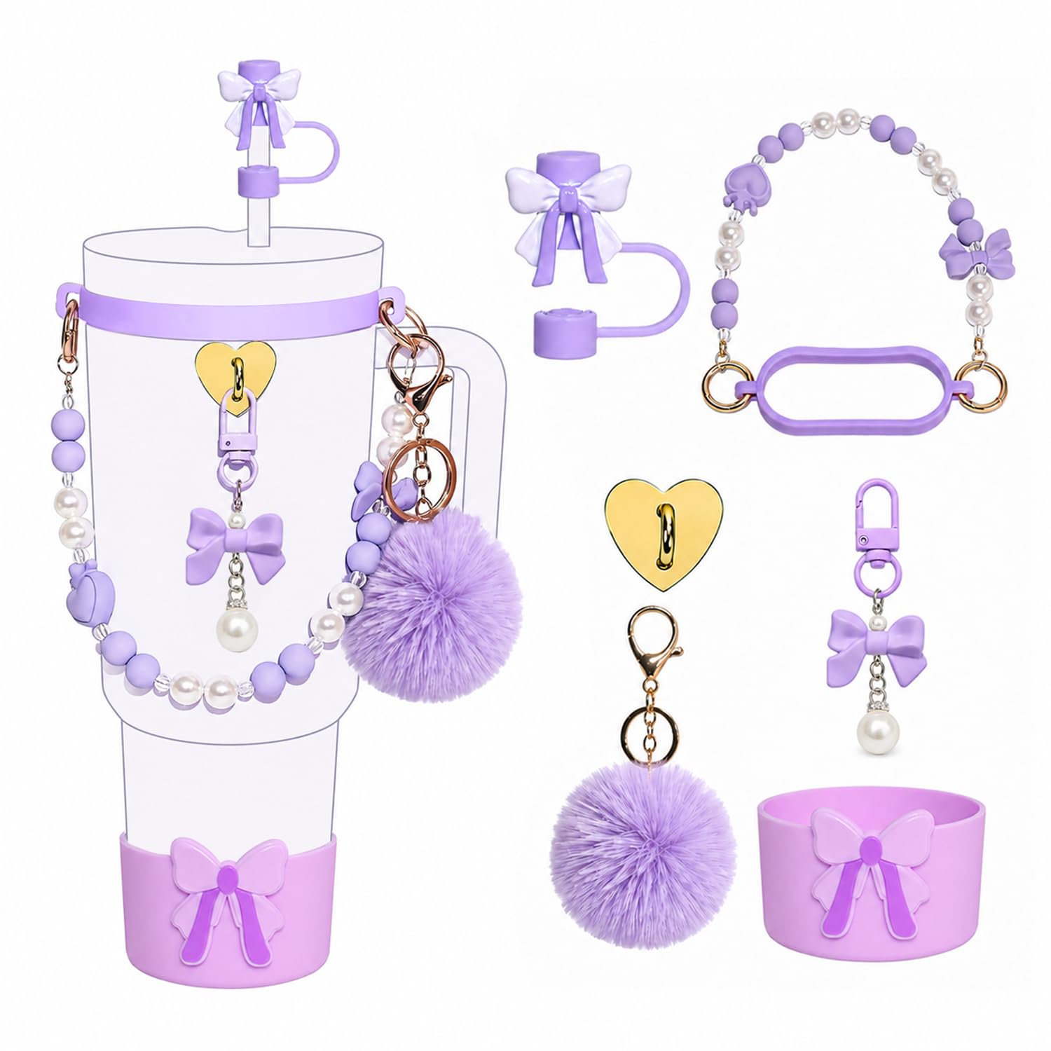 7 Pcs Purple for Stanley Cup Accessories & Charm Kit with Cute Bow Straw Cap, Bow Beaded Chain Handle, Soft Bottom Sleeve, Tumbler Accessories Set (Cup NOT Included) (Purple)-image-44