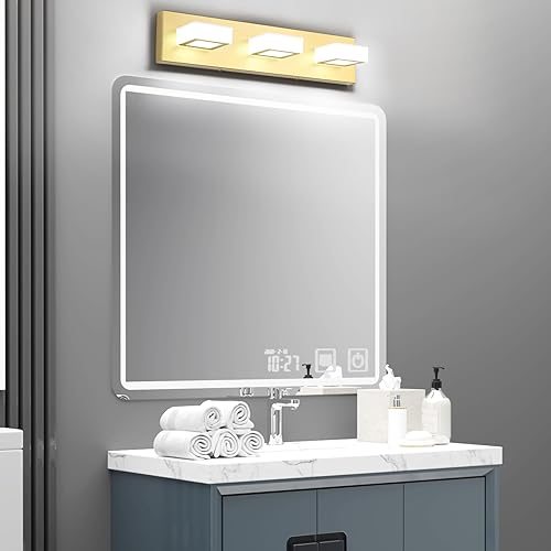 Miniatura 6 de Ralbay Luces doradas para tocador de baño, 3 luces LED, modernas luces doradas sobre espejo, lámpara de pared acrílica dorada (luz blanca, 6000 K)