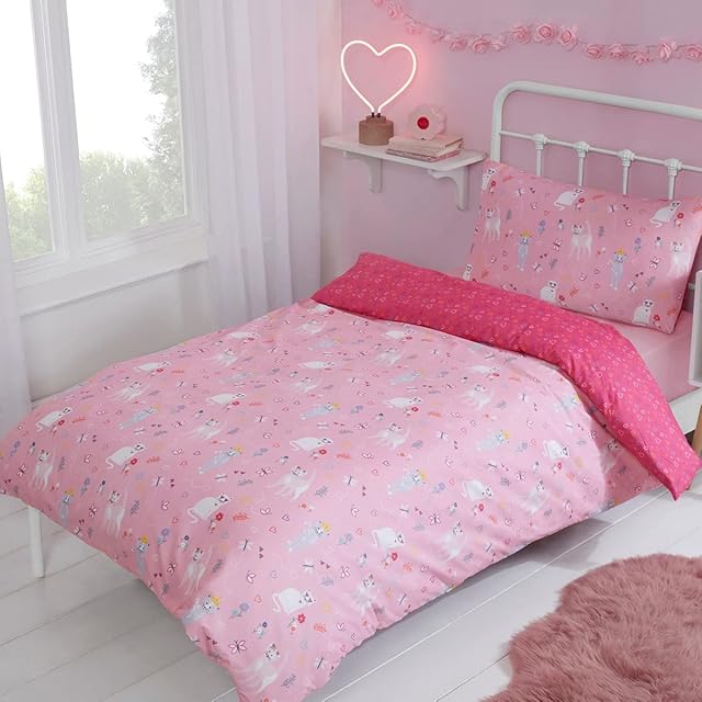 Sleepdown Kids Childrens Playful Cute Kittens Cats Butterflies Blush Pink Hearts Reversible Soft Easy Care Duvet Cover Quilt Bedding Set with Pillowcase - Single (135cm x 200cm)