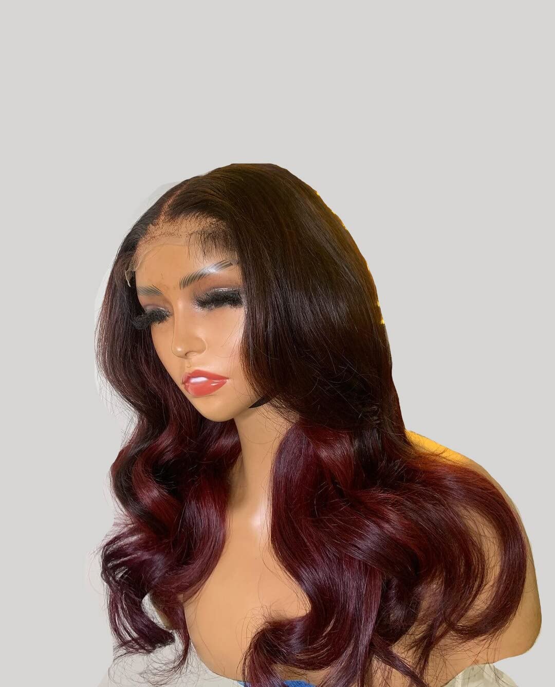 Wig Lacefront 30+ inch HUH! Long Wig Burgundy SEXY dark roots Long Side Part Wavy Dark Roots with Burgundy Ombre Lace  main image 2
