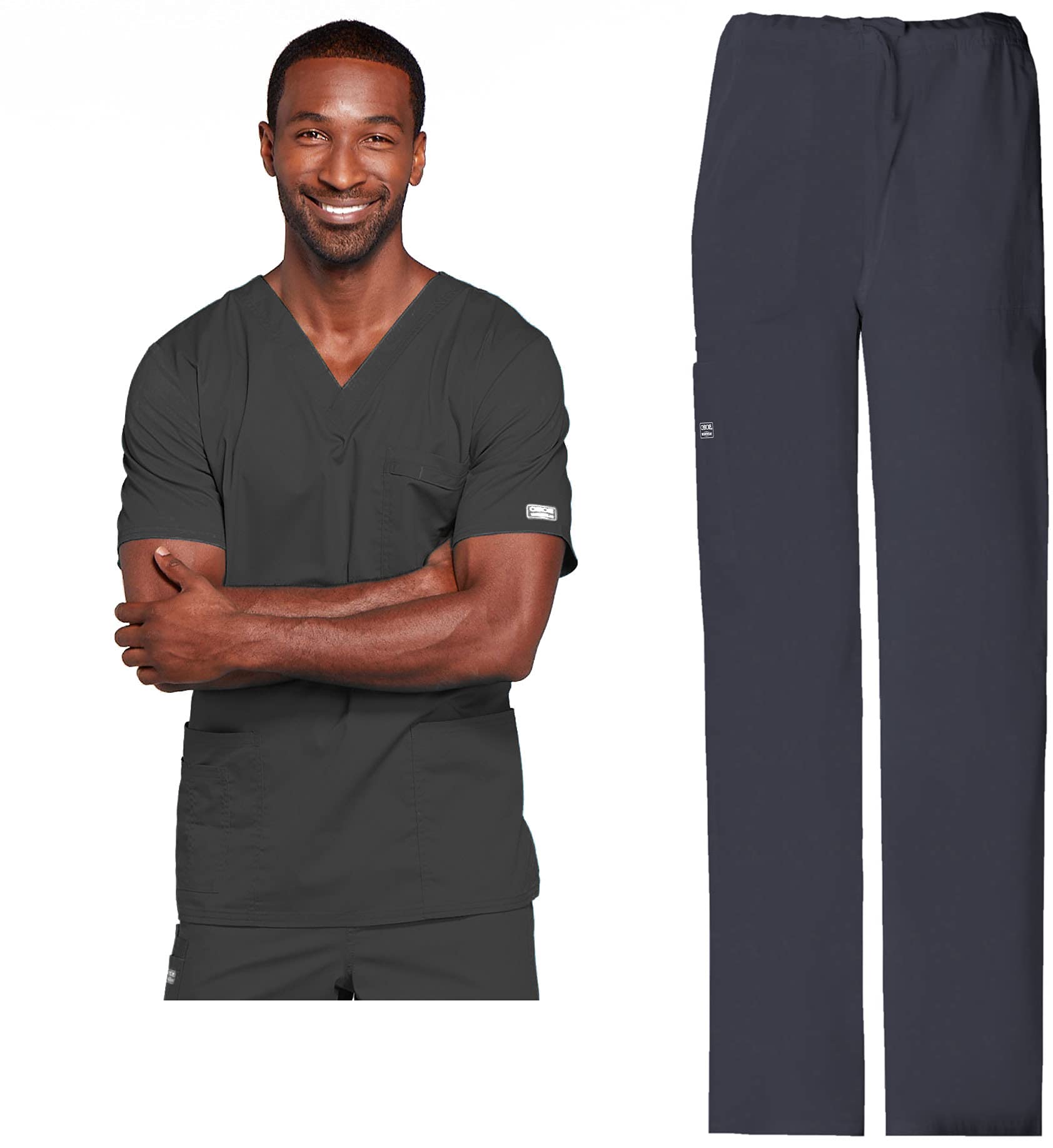 Cherokee Scrub Set for Men or Women, Traditional Fit 4 Pocket V-Neck Top 4725 with 5 Pocket Natural Rise Cargo Pant 4043