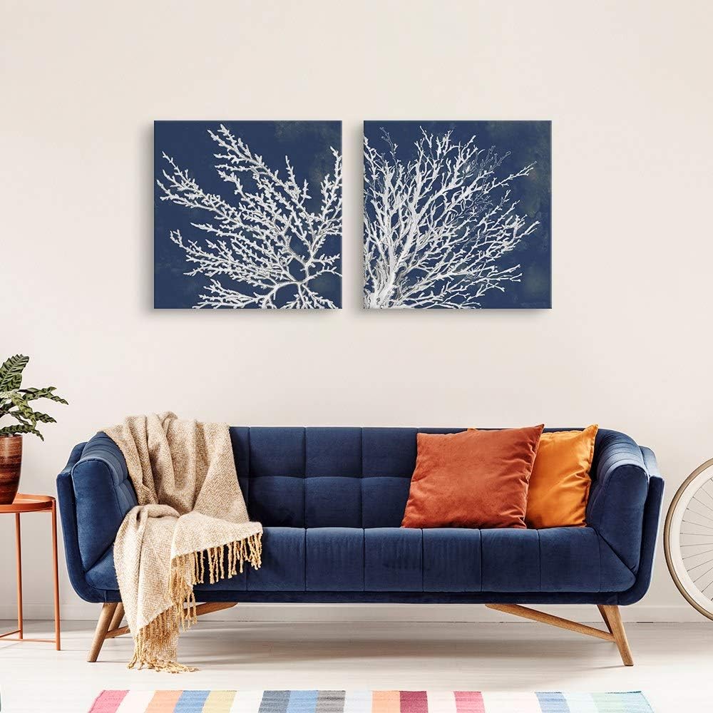 CANVAS ON DEMAND 2-Piece Coastal Coral Canvas Wall Art Print Set, White on Blue Coastal Painting, Beach Home Décor