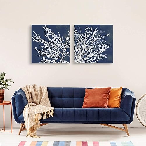 CANVAS ON DEMAND -Juego de impresiones artísticas de pared de lienzo de coral costero de dos piezas, pintura costera blanca sobre azul, decoración