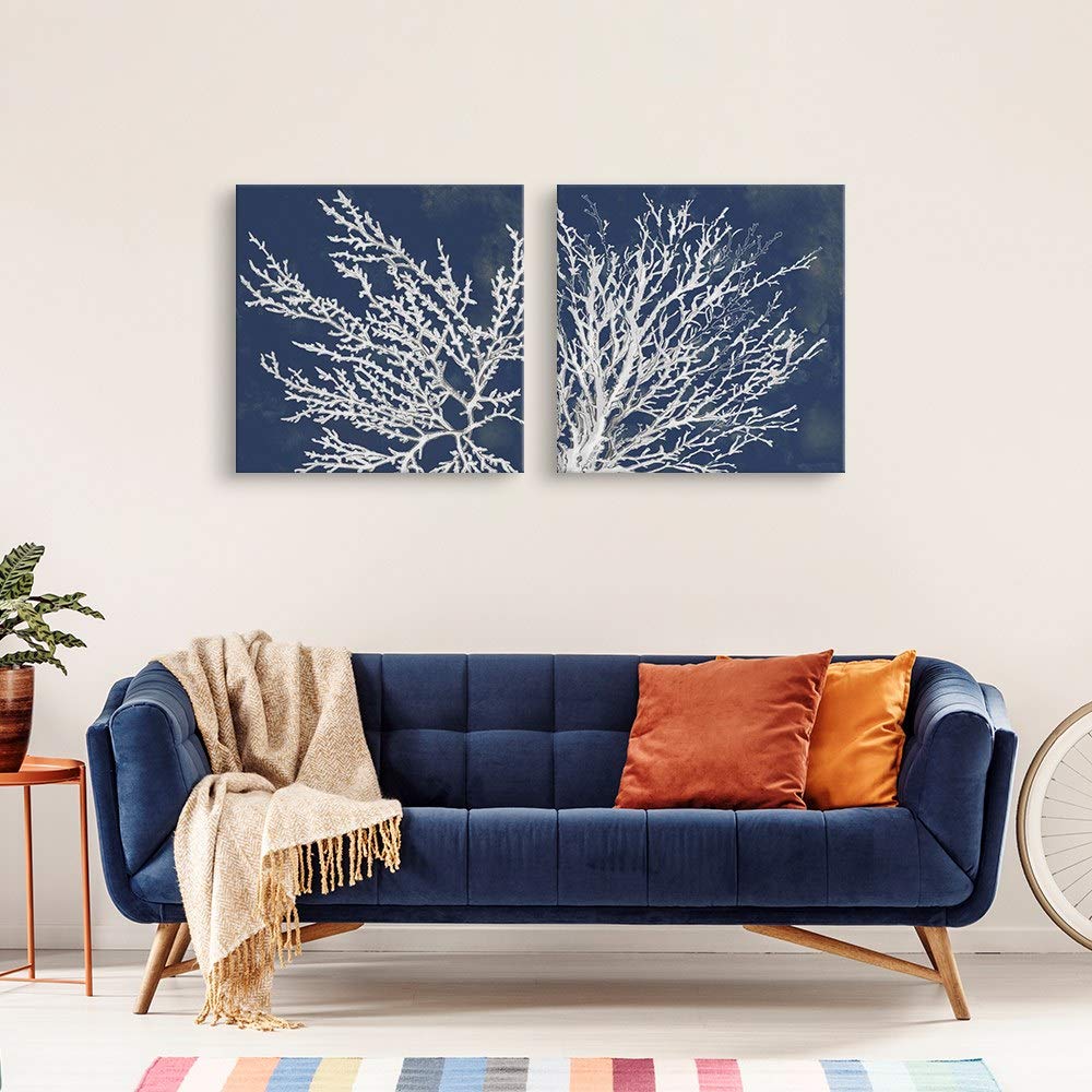 CANVAS ON DEMAND 2-Piece Coastal Coral Canvas Wall Art Print Set, White on Blue Coastal Painting, Beach Home Décor