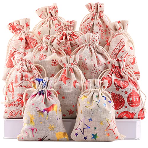 jsysj Bolsas de Yute Set, 24 Piezas 10X14CM Bolsitas Sacos de Yute con Cordón, Bolsas Pegatinas de Navidad, Cuerda de cáñamo y Mini Pinza de Madera Cover