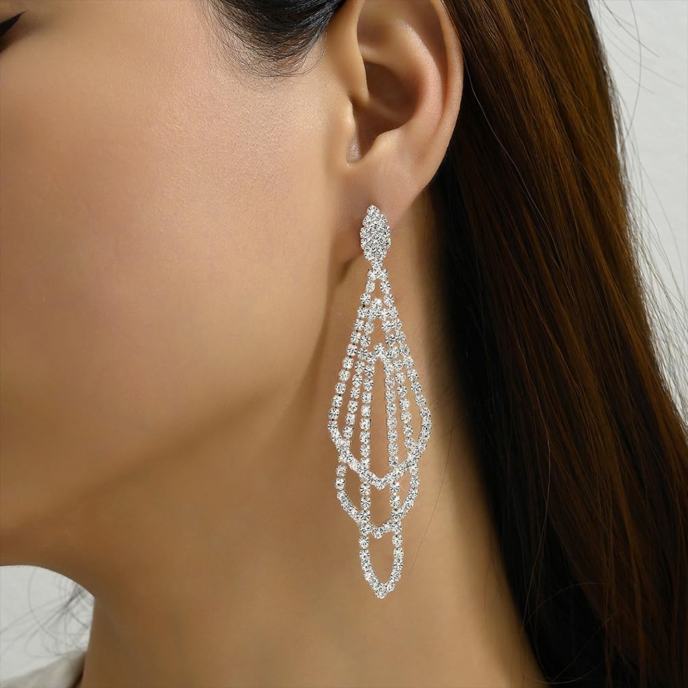 Sparkly Silver Crystal Dangly Earrings for Women Trendy, Statement Cubic Zirconia Drop Dangle Earring Long Rhinestone Tassel Party Prom Ear Jewelry Gift - Image 8