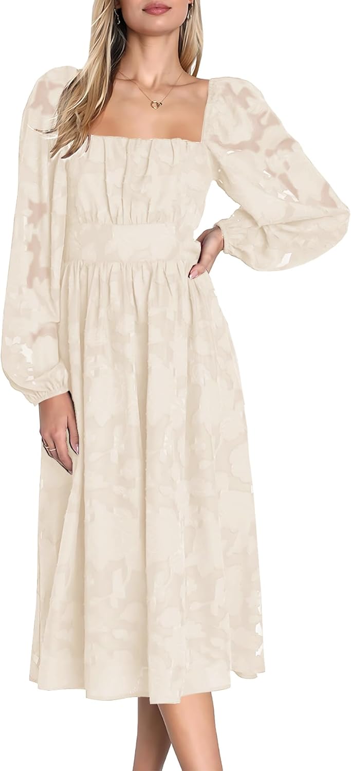 Ferlema Women’s 2024 Fall Dresses Floral Lace Long Sleeve Elastic High Waist A Line Flowy Party Midi Dress