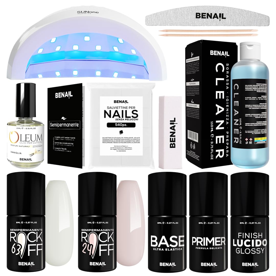 Kit Semipermanente Unghie Professionale, Kit Ricostruzione Unghie Gel Completo, Lampada Uv Led 48w, Smalto Unghie Primer, Base & Top Coat Semipermanente (Lattiginoso)