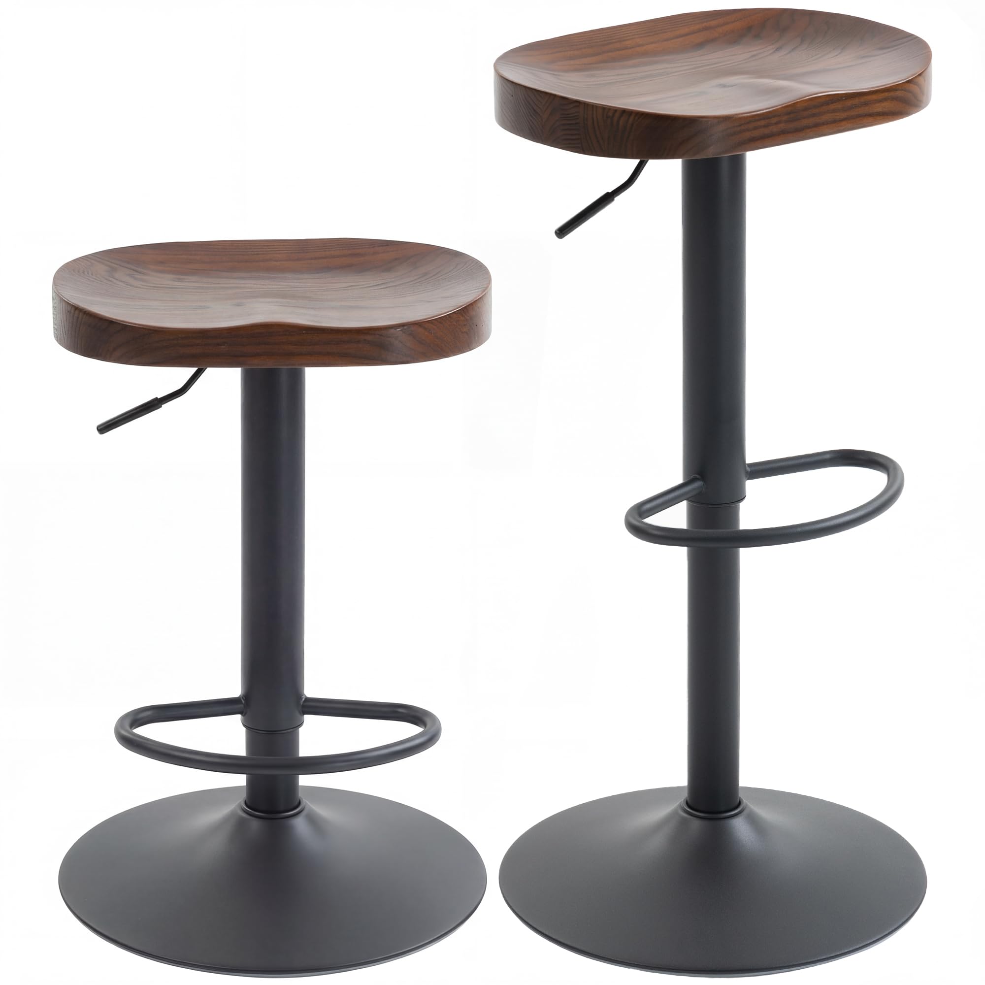 HOMCOM Lot de 2 tabourets de Bar, chaises de Bar Hauteur réglable avec siège en Bois d'orme, Repose-Pieds, pivotant 360°, Style Moderne, tabourets Hauts pour Cuisine, Salon, Marron foncé