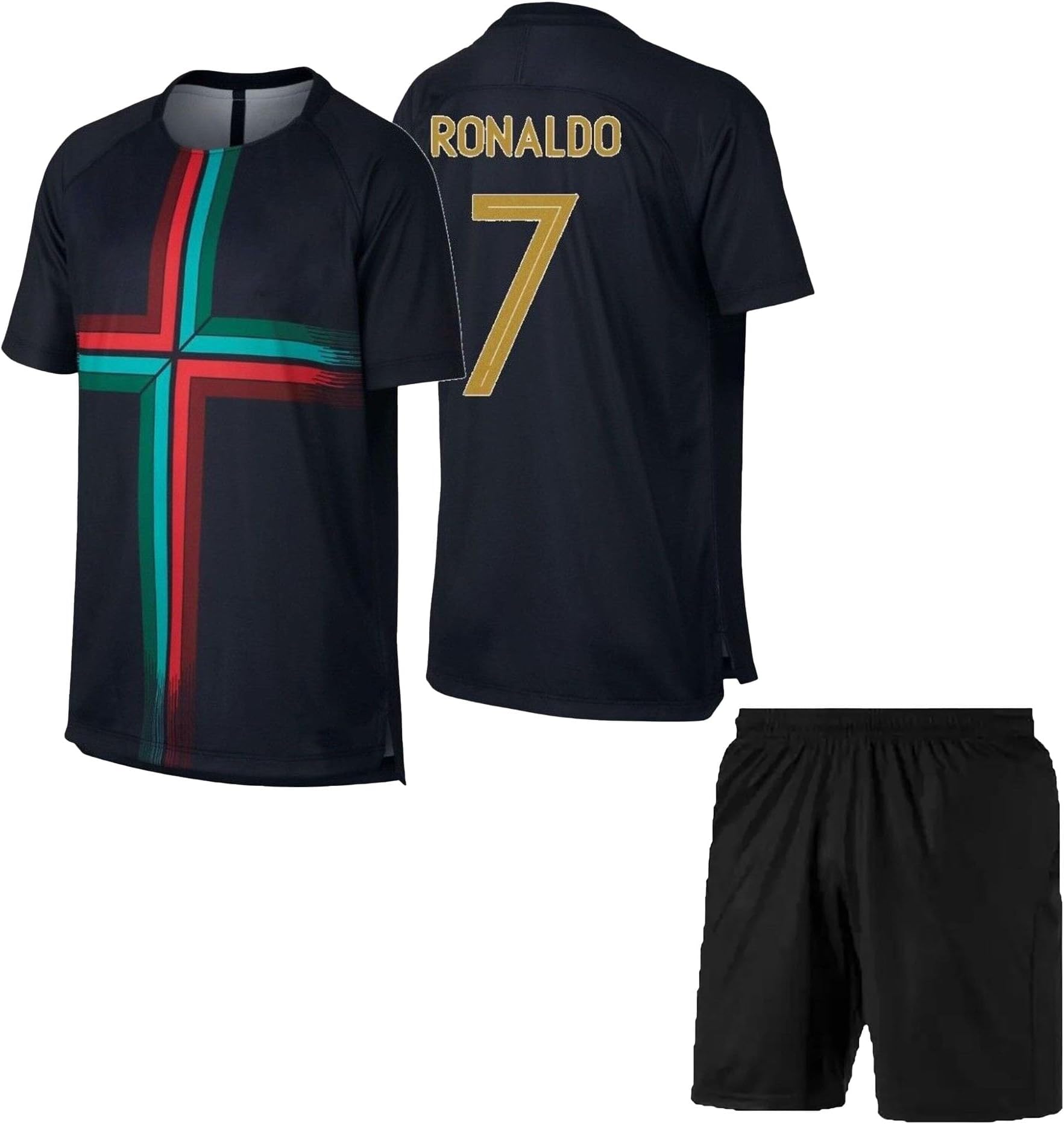 - Ronaldo 7 Football Jersey with Black Shorts(Kid's, Boy's& Men)