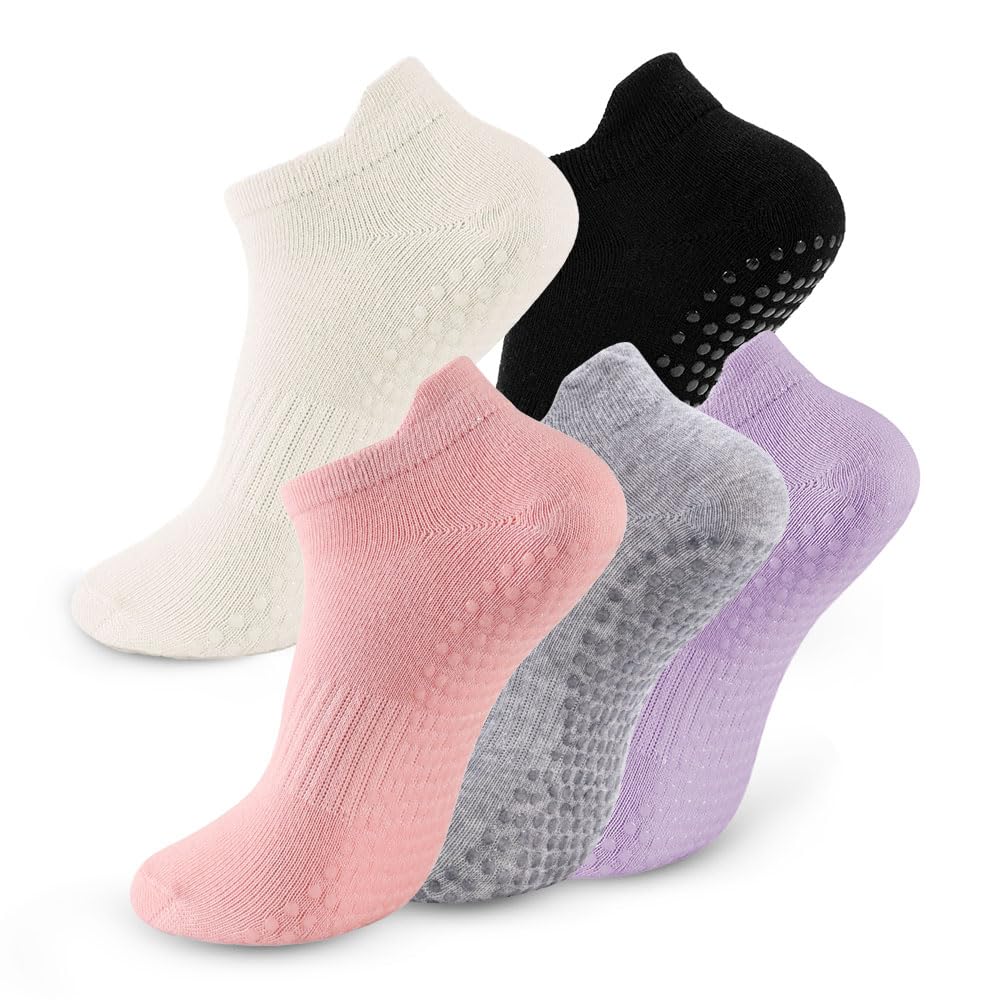 5 Pairs Pilates Socks with Grips for Women Non Slip Grip Yoga Crew Socks for Barre Hospital Barefoot