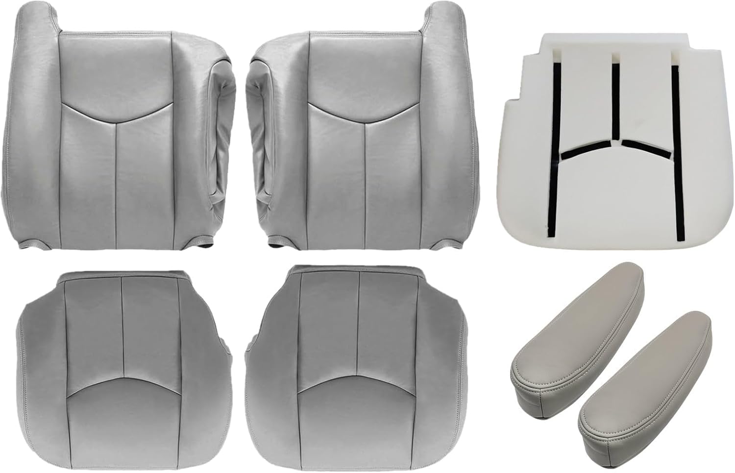 SecosAutoparts Driver Foam Cushion & Driver & Passenger Bottom & Top Lean Back & Armrest Leather Seat Cover fit for Chevy GMC Tahoe Suburban Avalanche Yukon Silverado Sierra 2003 2004 2005 2006