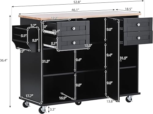 Miniatura 7 de Merax Carrito móvil de isla de cocina con escritorio de madera 4 cajones estante para especias y toallas ruedas con bloqueo 528 pulgadas de ancho
