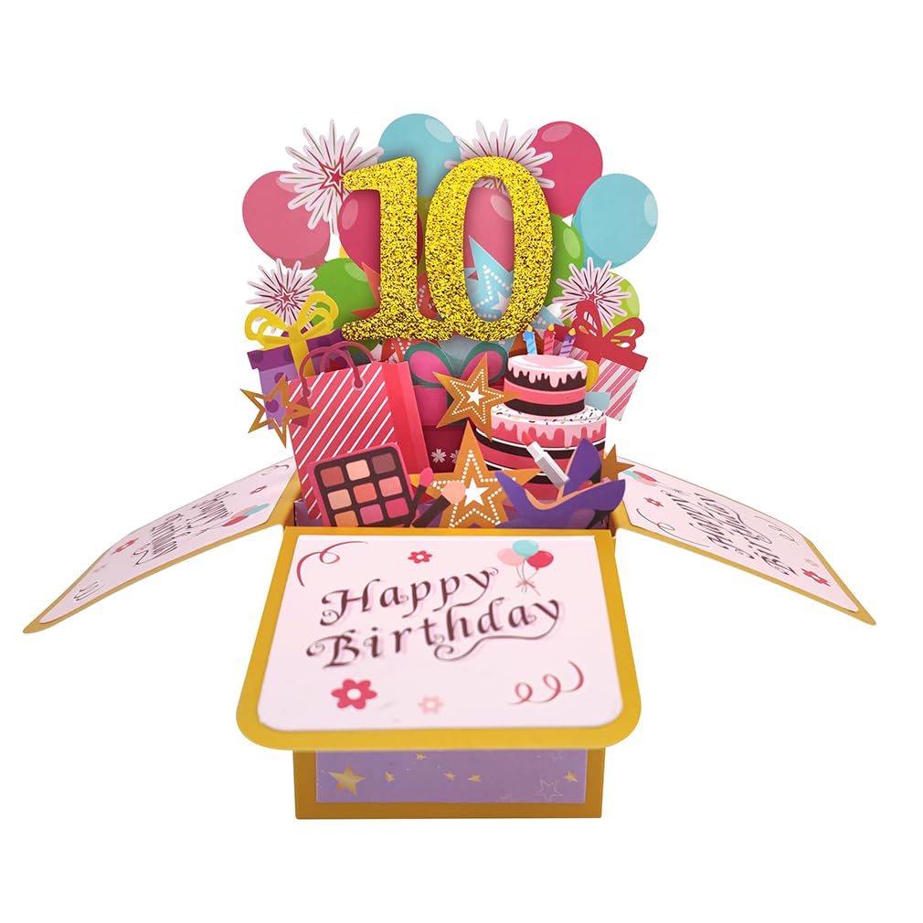 Happy 10th Birthday 10th Birthday Pop Up Card for Girls, 10 Year Old Birthday Gift Idea for Daughter Niece, Funny 10th Birthday 3D Greeting Card for Her