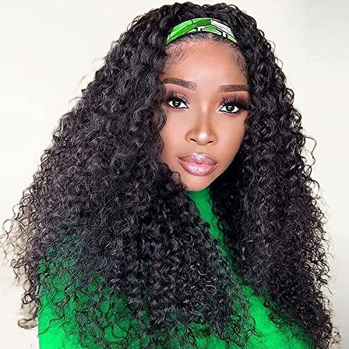 Image of Headband Wig Human Hair Kinky Curly for Black Women 24 Inch Natural Colour | Deep Curly Human Hair Wigs None Lace Front Wig,Brazilian Virgin Hair,Glueless Wear Go Beginner Friendly,Quick Install