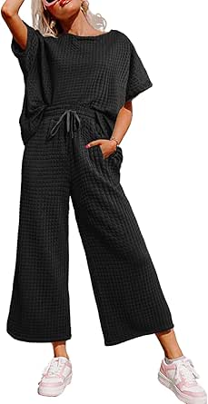 FAIWAD Women Summer 2 Piece Outfits Short Sleeve Crop T-Shirt And Wide Leg Pants Slim Stretch Tracksuits Sets