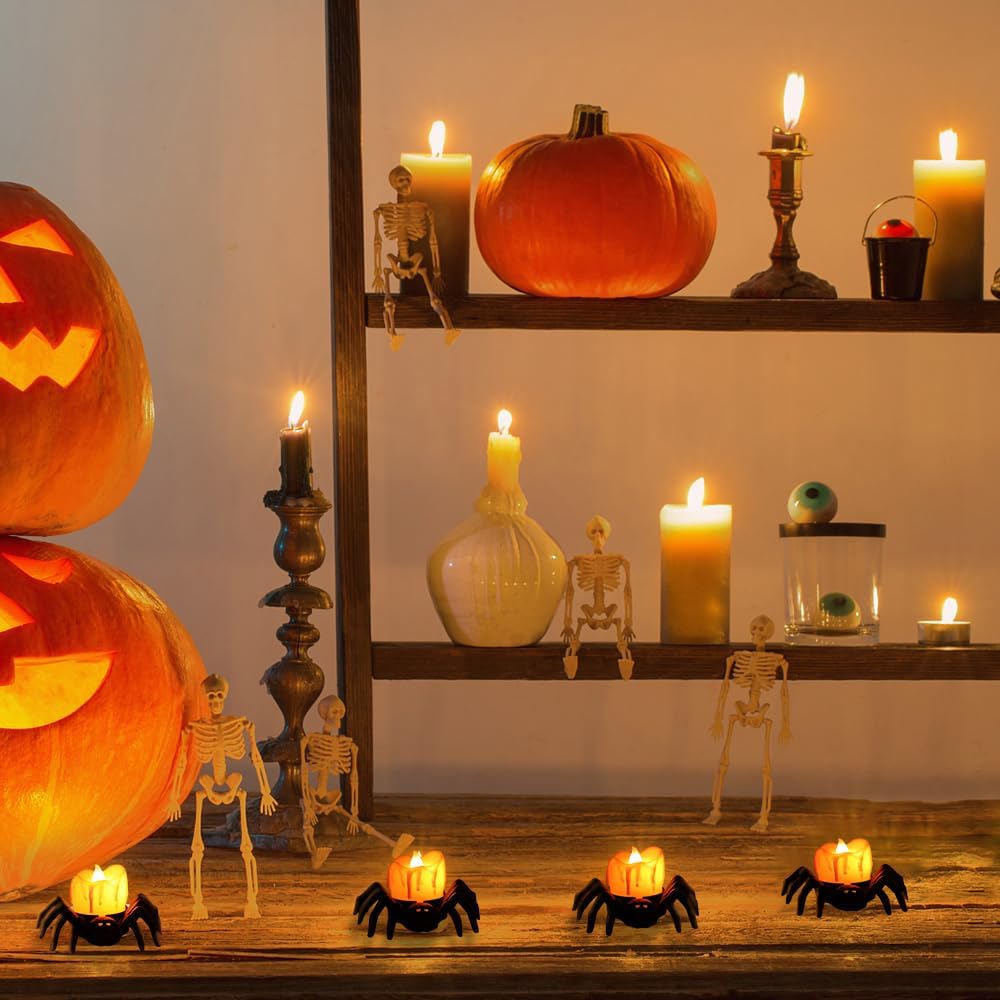 12 PCS Spider Lights Candles, LED Flameless Candles, Battery Operated Lights, Halloween Candle Holder, Spooky Spider Tea Lights for Table Decor