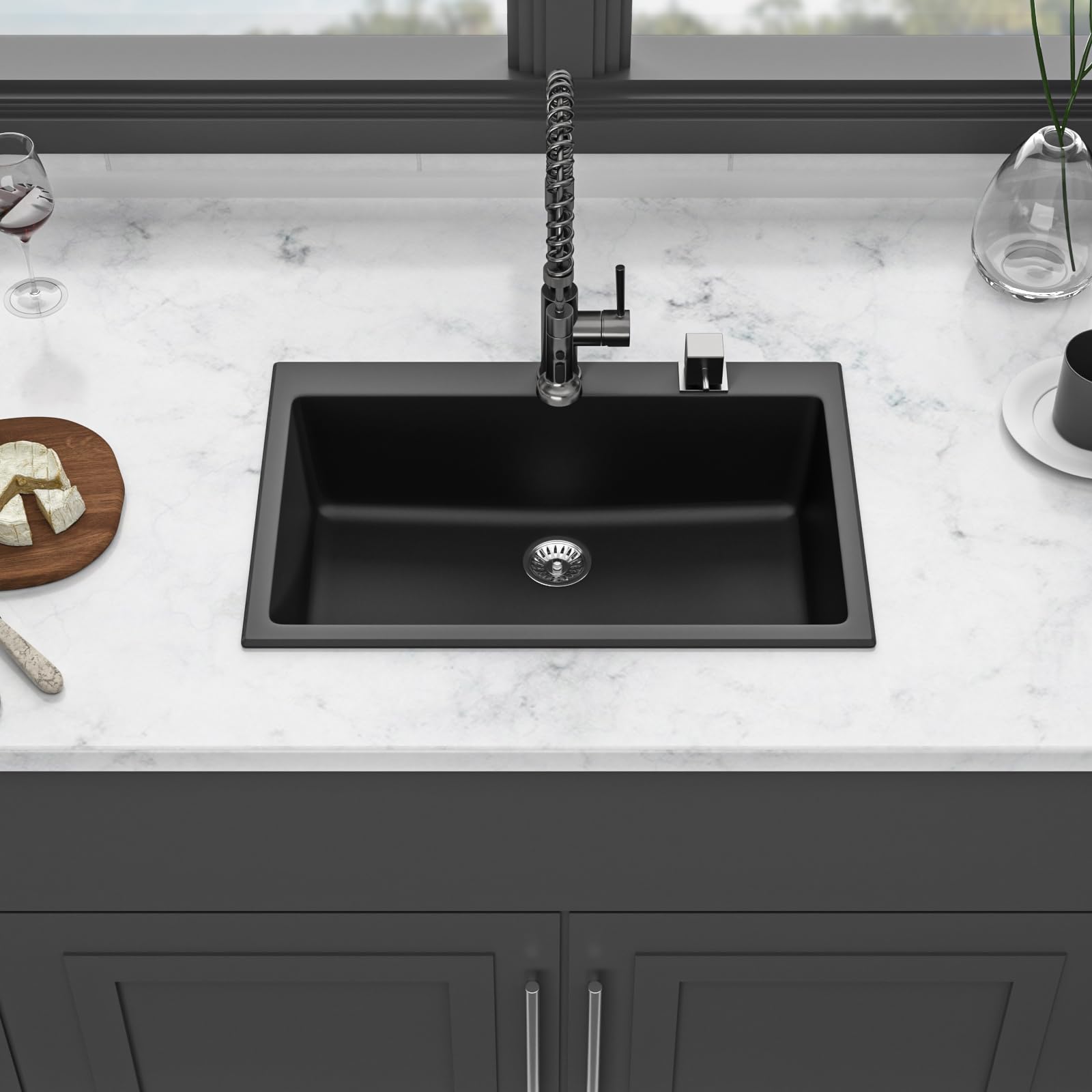 GOWE Quartz Kitchen Sink - 33x22 Black Granite Composite Drop in Kitchen Sink