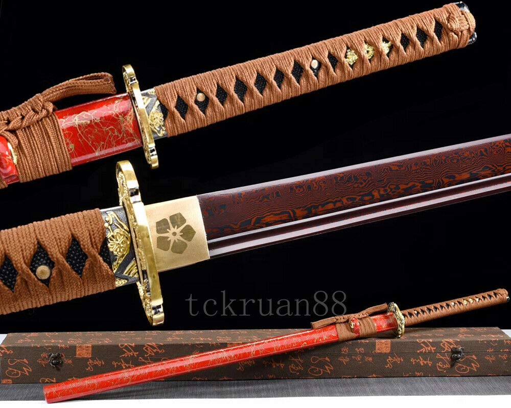 YL Sword Red Blade Folded Steel Traditional Hand Forged Japanese Sword Ninja Full Tang