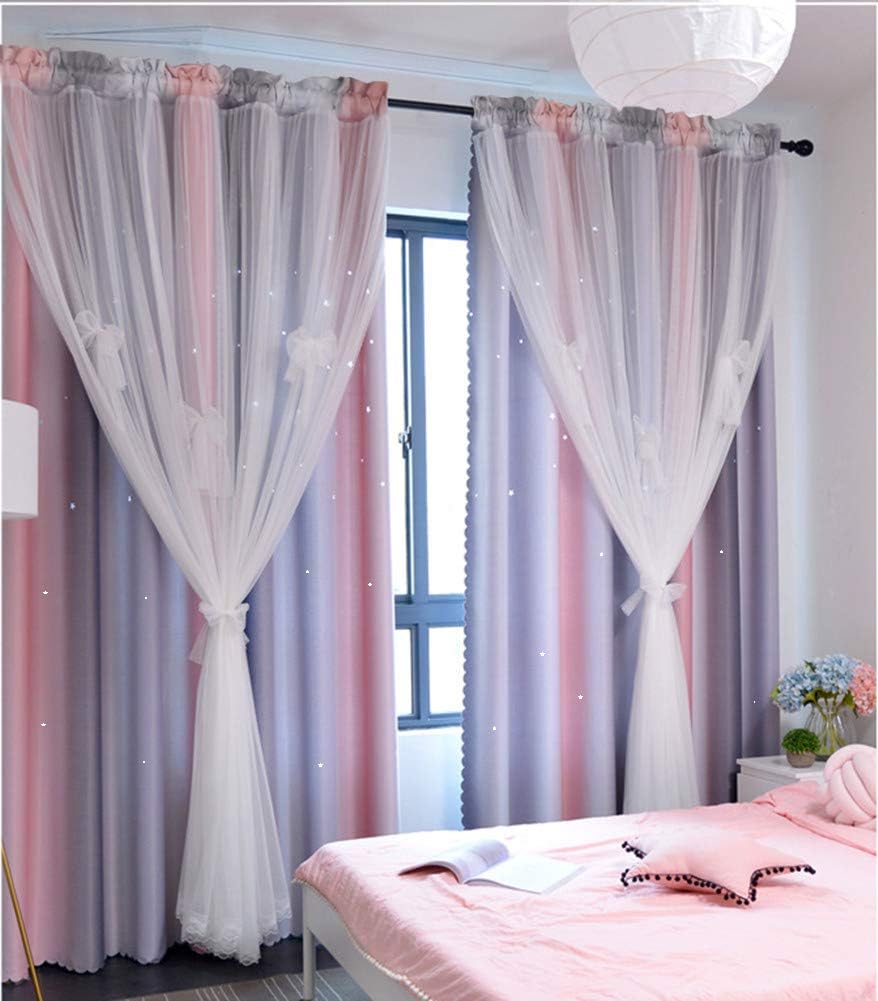 Yancorp Girls Curtains for Bedroom 54 Inches Short Curtains Pink Grey Curtains Double Layer with Lace Sheer Little Girls Bedroom Curtains Star Cutout Rod Pocket Design Total Width 70", 2 Panels Set