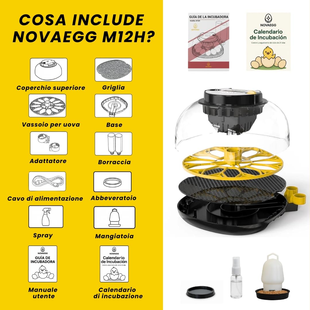 INCUBATRICE AUTOMATICA per Tutti i Tipi di Volatili |12-16 uova|controllo di temperatura, umidità e girauova|include calendario,mangiatoia,abbeveratoio e guida|senza batteria,alimentazione di rete 35W