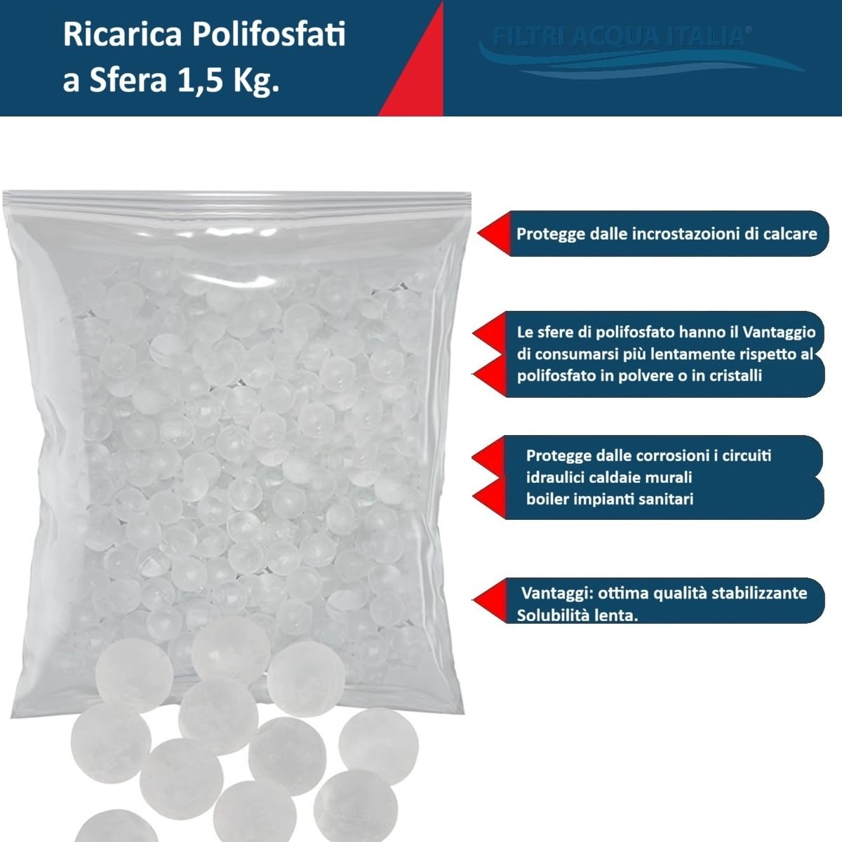 Polifosfati a Sfere 1,5 Kg. Ricarica per Filtri Anticalcare Lavatrice, Lavastoviglie, Caldaia, Dosatori ecc.