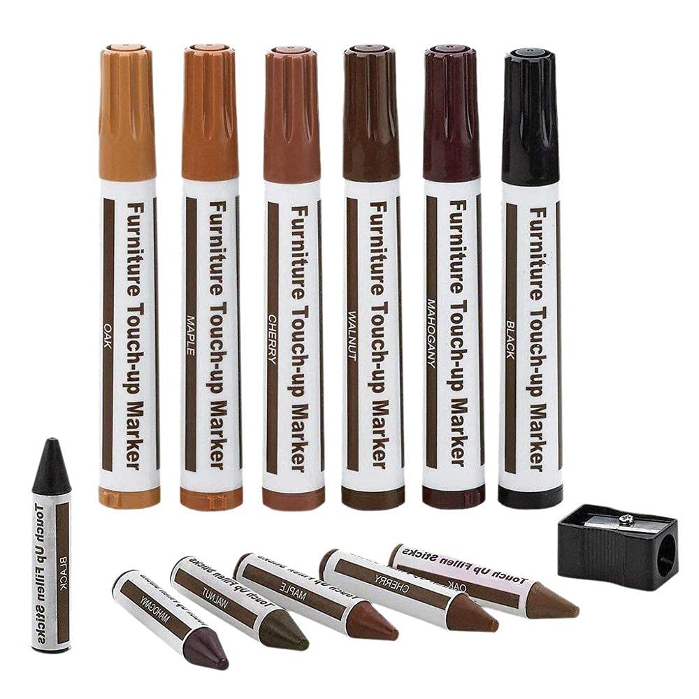 Furniture Repair kit Wood Markers -Set of 13 – 6 Markers,6 Wax Sticks and 1 Sharpener, for Scratches, Stains, Tables, Wood Floors, Desks, Bedposts, Touch Ups, and Cover Ups