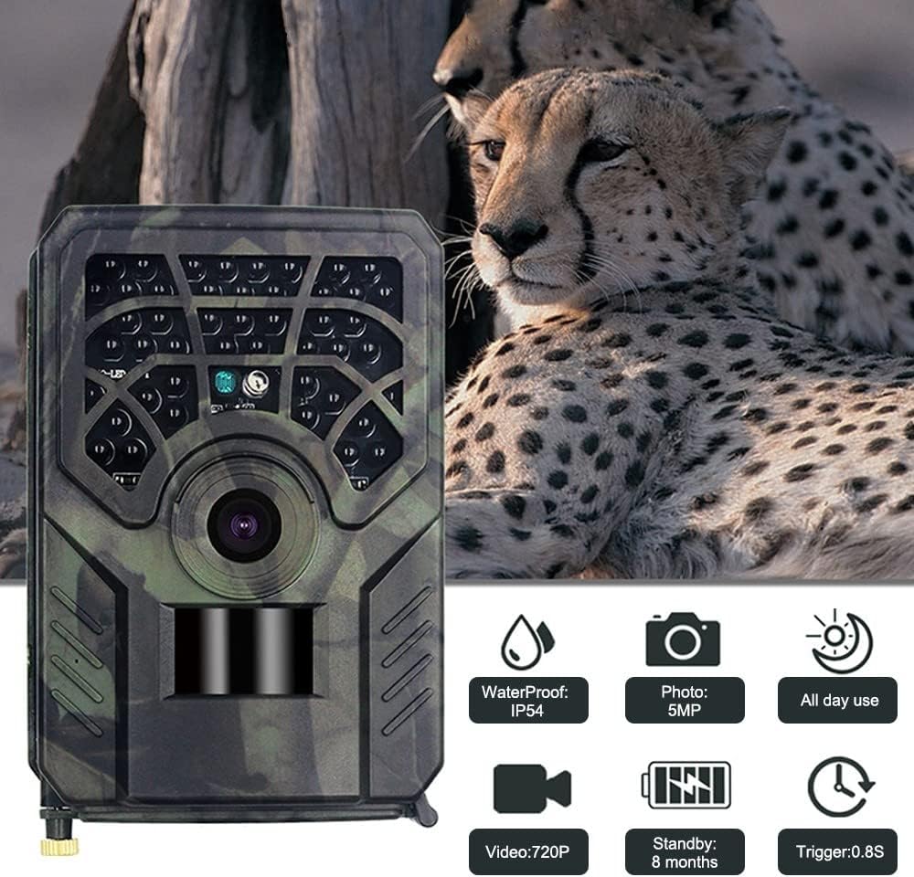 DONGKER 5MP 720P Trail Camera with icons indicating features like IP54 waterproof, 5MP photo, 720P video, 8 months standby, and 0.8s trigger time.