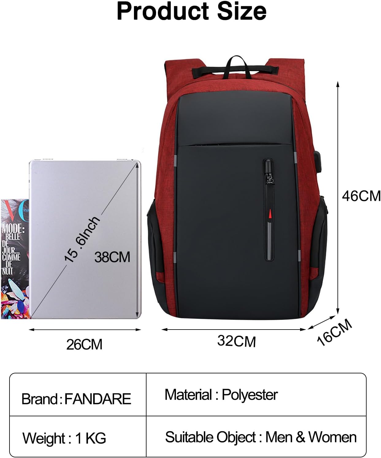 FANDARE New Men Business Backpack Women Laptop Backpack Travel Airline Approved Carry On Bags for Airplanes Gym Bag with USB Daypacks College Travel Essentials Durable Polyester Red