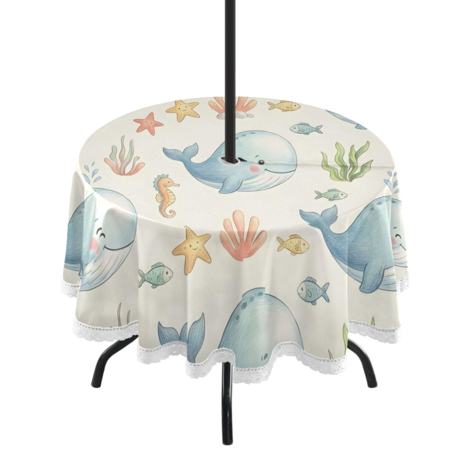 Ttgoth Whale Outdoor Table Cloth 152 cm Water Stain & Resistan Tablecloth Wipeable Table Cover with Parasol Hole & Zipper for Garden Patio Party Picnic