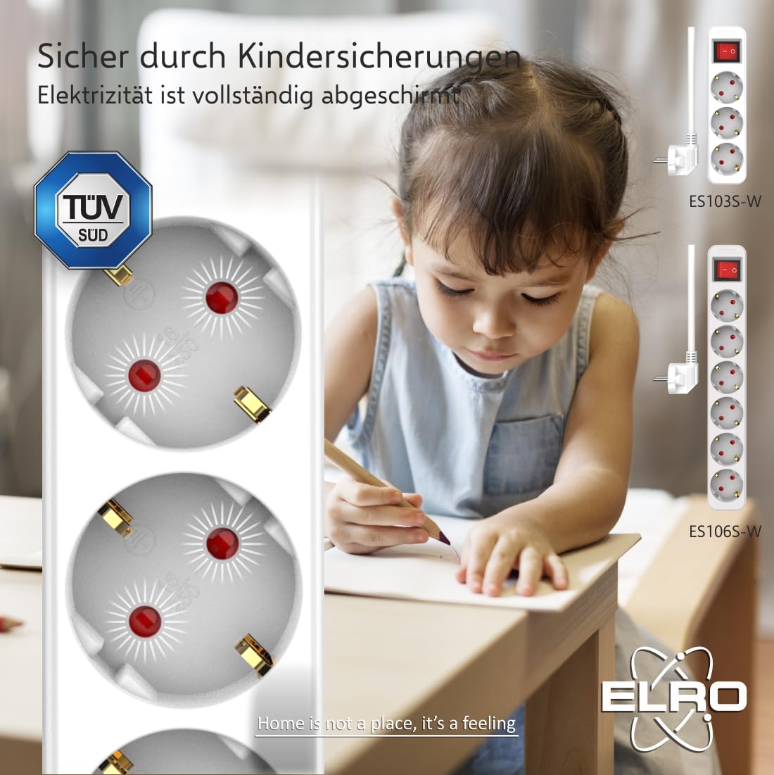 ELRO ES103S-W Ciabatta 3 prese interruttore cavo 1.5 m Protezione bambini Spina Schuko 3680 W Certificato TÜV bianco