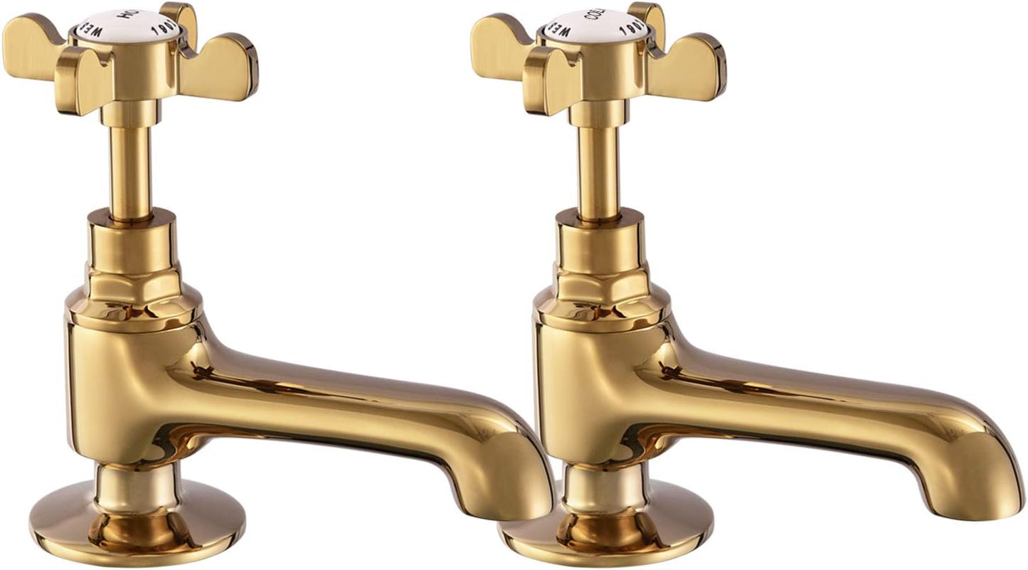 Polished Gold Basin Pillar Taps Pair Two Bathroom Sink Tap Hot and Cold Taps Cross Lever Twin Bathroom Faucet Victorian Traditional Faucet Vintage Victorian 2 Holes