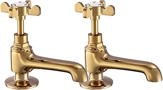 Basin Pillar Taps Pair Gold Basin Sink Hot and Cold Taps Cross Handles Twin Bathroom Taps Traditional Faucet Vintage Victorian Peppermint