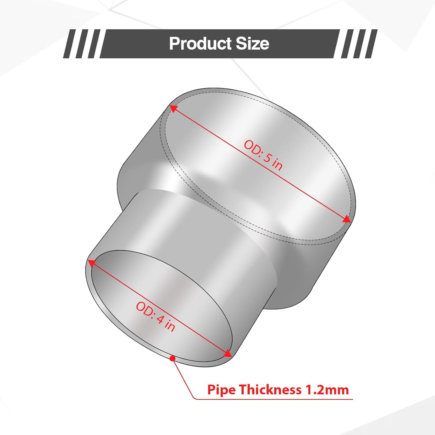 Exhaust Adapter Connector 4"OD to 5"OD，Exhaust Adapter Total Length 4 "Stainless Steel Polished.