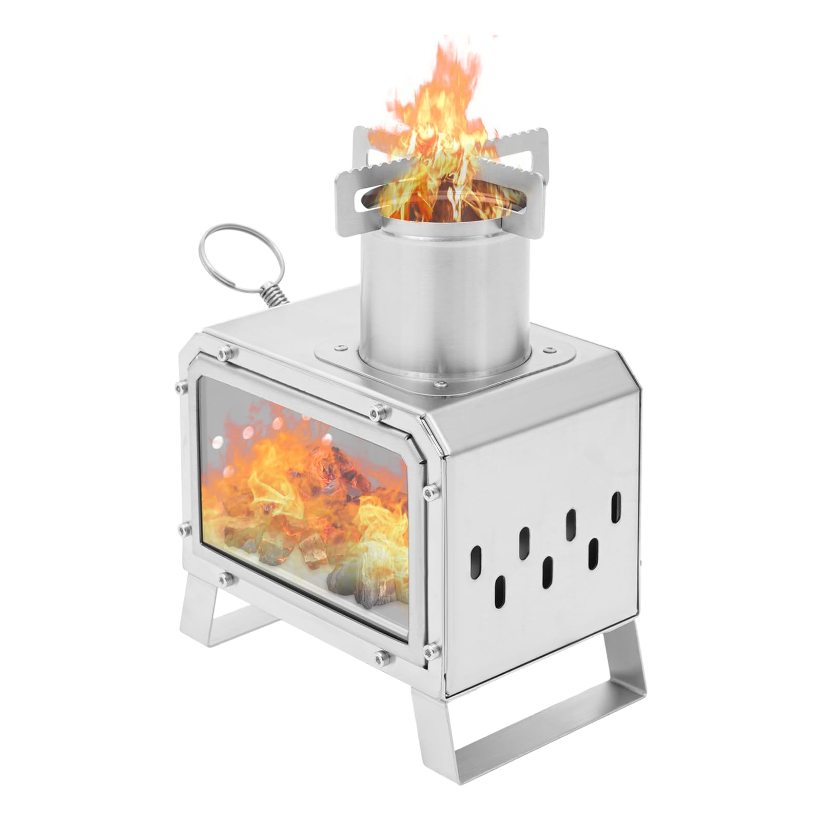 Fornello da campeggio in acciaio inox 201 con finestra in vetro, fornello da campeggio portatile per backpacking, fornello a legna da campeggio, per cucina all'aperto, escursionismo, barbecue, 25,9 x