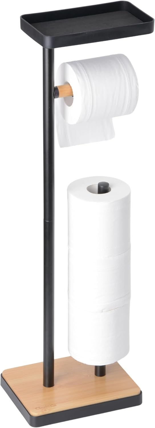 Toilet Paper Holder Stand with Storage and Top Shelf, Free Standing, Weighted Base, Bamboo Design, Black, TY6499XA