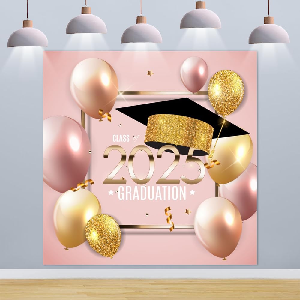 2025 Graduation Backdrop 10x10ft Class of 2025 Pink Rose Gold Bachelor Cap Congrats Grad Banner Congratulations Background Prom Party Supplies