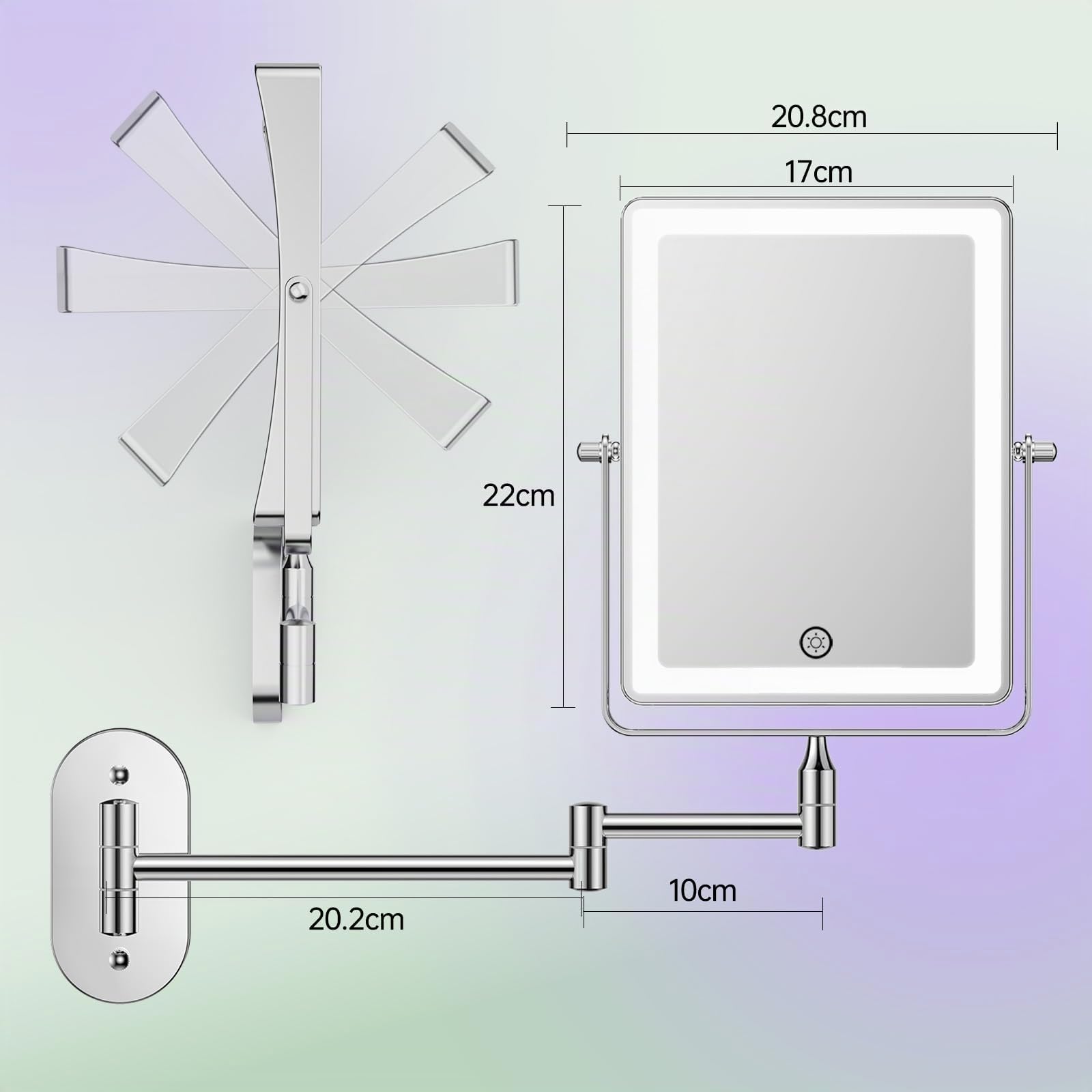 FASCINATE Specchio cosmetico ricaricabile con ingrandimento 1X/10X, 3 luci dimmerabili, touch screen, girevole 360°, montaggio a parete, specchio per il trucco