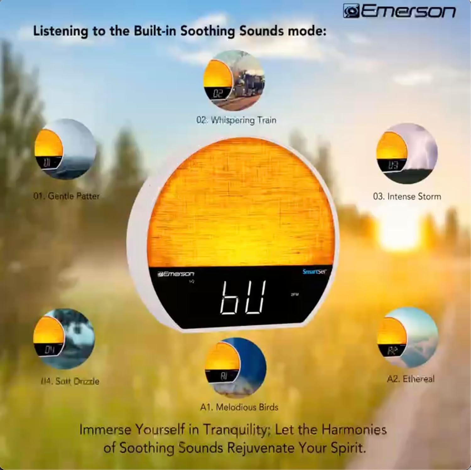 Emerson CKSS7071 showing various soothing sound options like Gentle Patter, Whispering Train, Intense Storm, Soft Drizzle, Melodious Birds, and Ethereal.