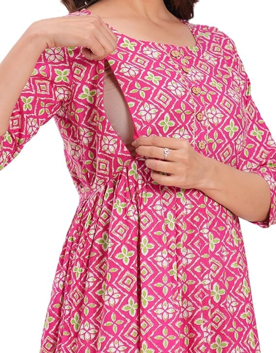 Image of Women's Pure Cotton Floral Printed Maternity Feeding Kurti with Zipper Feeding Dress for Women Feeding Gown
