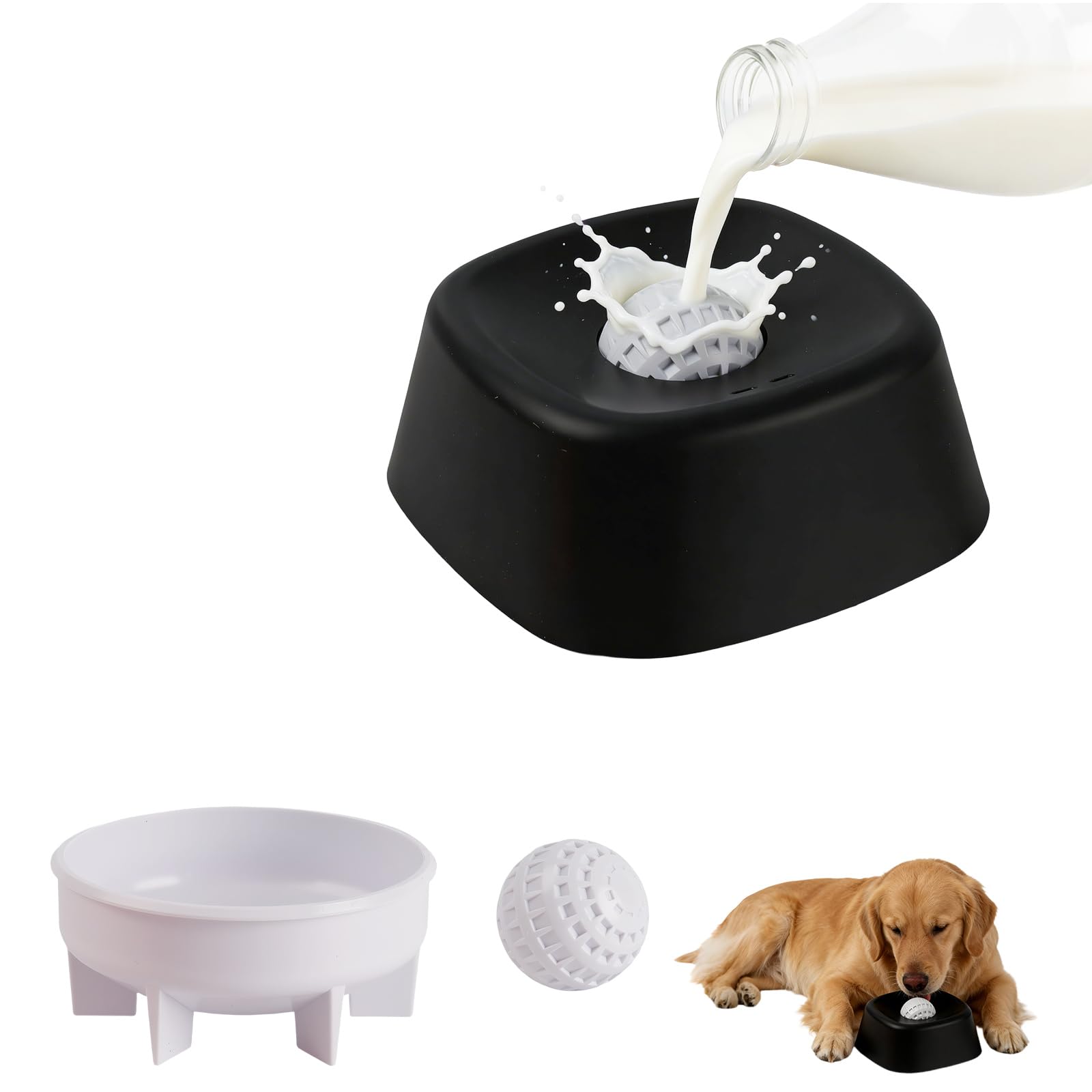 Dog Licking Bowl with Ball - Liquid Treat Feeding Bowls Slow Feed, ABS Material Non Spill Dog Bowl Boredom Busters Lick Toy for Yoghurt/Yogurt/Fruit Puree/Bone Broth, Easy to Clean - Black