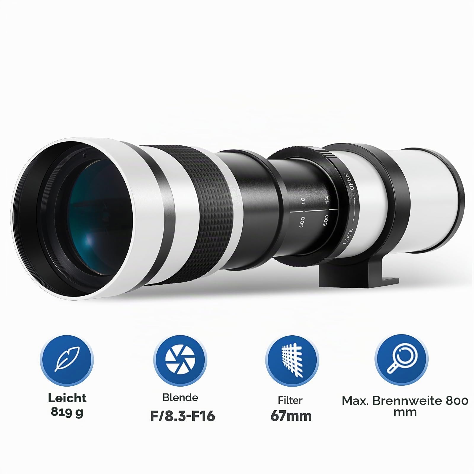 Teleobjektiv JINTU 420-800mm F8.3, EF Objektiv Manueller Fokus für Canon EOS 4000D 2000D 1500D 850D 800D 750D 600D 500D 90D 5D III D90 D5600 D5200 D5100 D7200 D7100 D3100 D3200