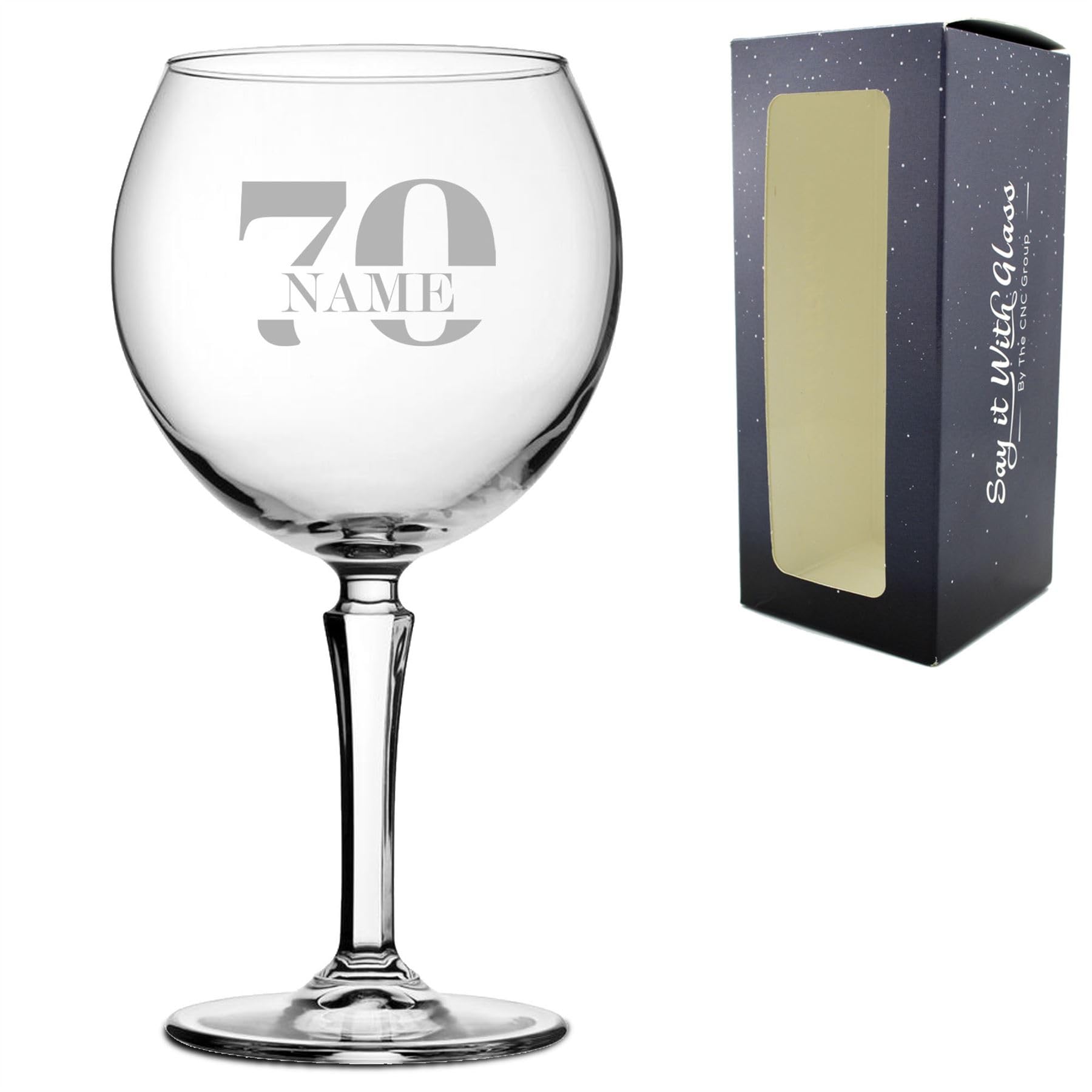 Personalised Engraved Hudson Gin Balloon Cocktail Glass with Name in 70 Design, Personalise with Any Name, Gift Box Included, Laser Engraved, 70th Birthday Gift