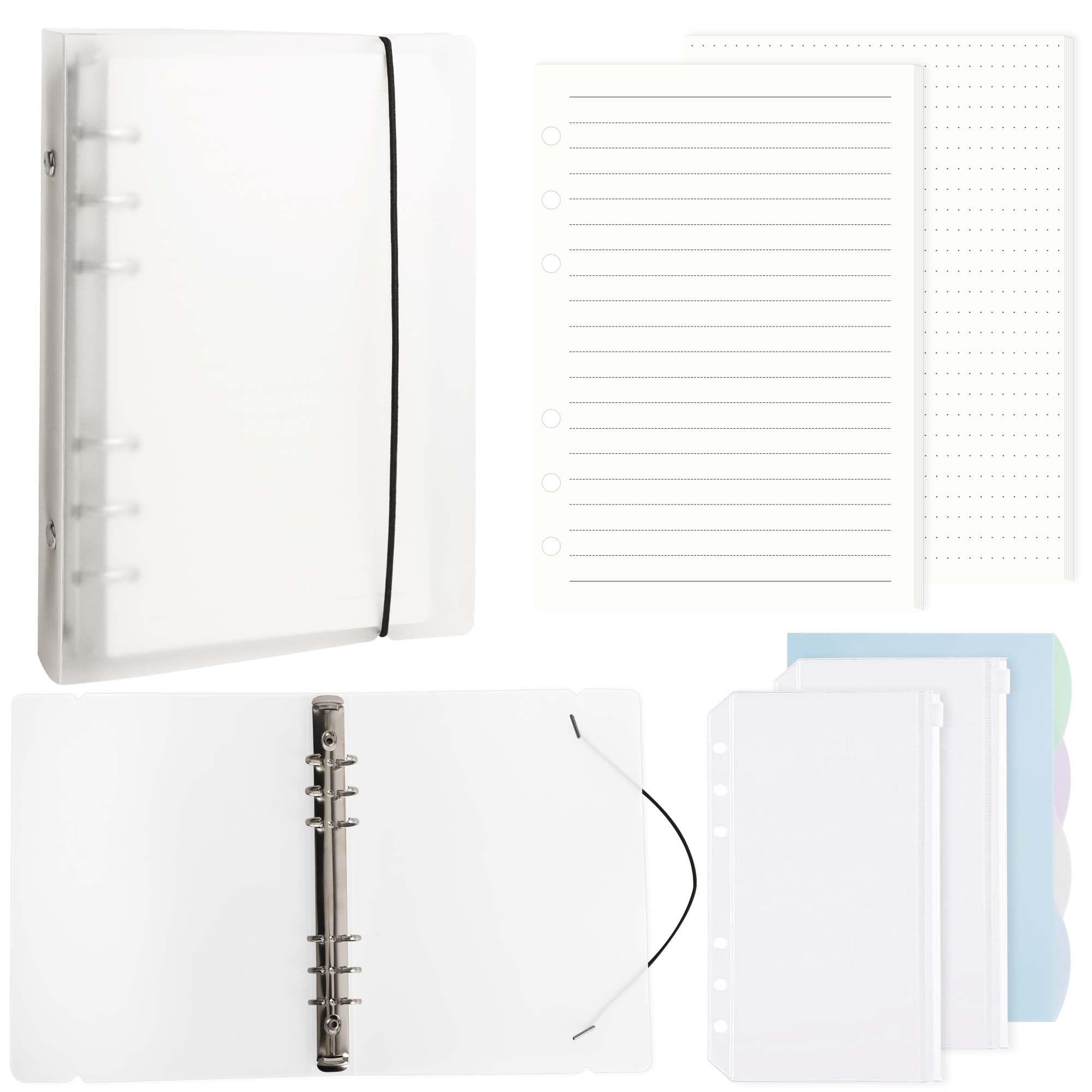 DesertBoy A5 Ring Binder, A5 Ring Binder Notebook with 90 Sheets of Refill Papers, 2 Pcs Zipper Loose Leaf Bags and 4 Pcs Dividers, Refillable 6 Ring Notebook Folder for Travel Diaries