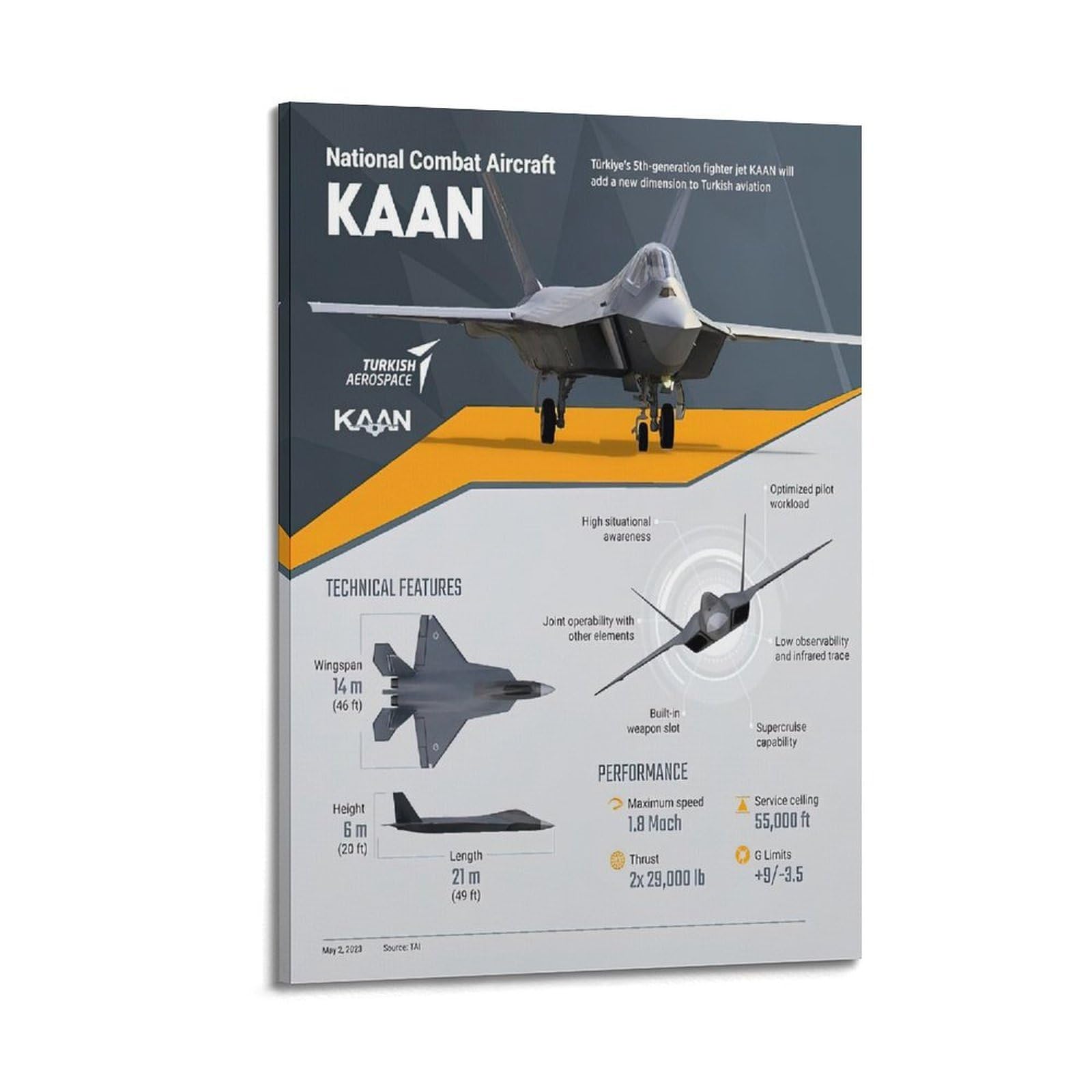 OKAHYS Fighter Jet TF-X Poster Turkish 5TH Combat Aircraft Decorative Painting Canvas Wall Artworks Picture 24x36inch(60x90cm)