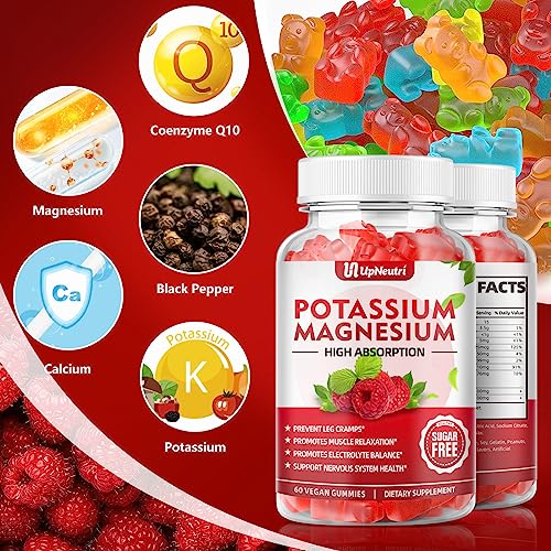Potassium Magnesium Supplement Gummies For Adults Kids, Sugar-Free Potassium Citrate Gummies Supports Leg Cramps & Muscle & Heart Health, Vegan Magnesium Glycinate Gummies Raspberry Flavor 60 Cts #TOP2
