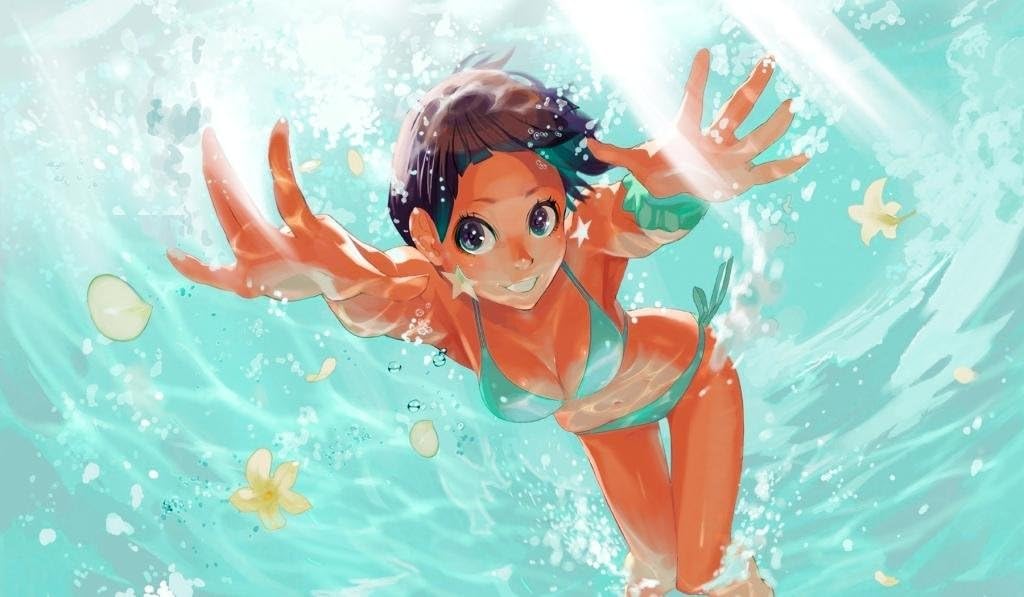 Swimming Anime girl #121 TCG playmat, gamemat 24" wide 14" tal for trading card game smooth cloth surface rubber base