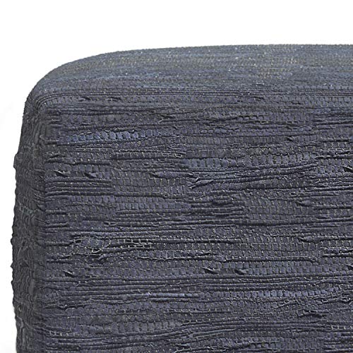 Simplihome Fredrik Square Pouf, Footstool, Upholstered In Dark Blue Woven Leather, For The Living Room, Bedroom And Kids Room, Transitional, Boho #TOP6